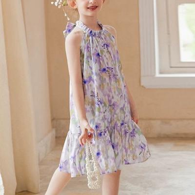 Dulce Vestido Floral con Cuello Halter para Niñas, Vestido de Princesa Morado de Verano para Niños