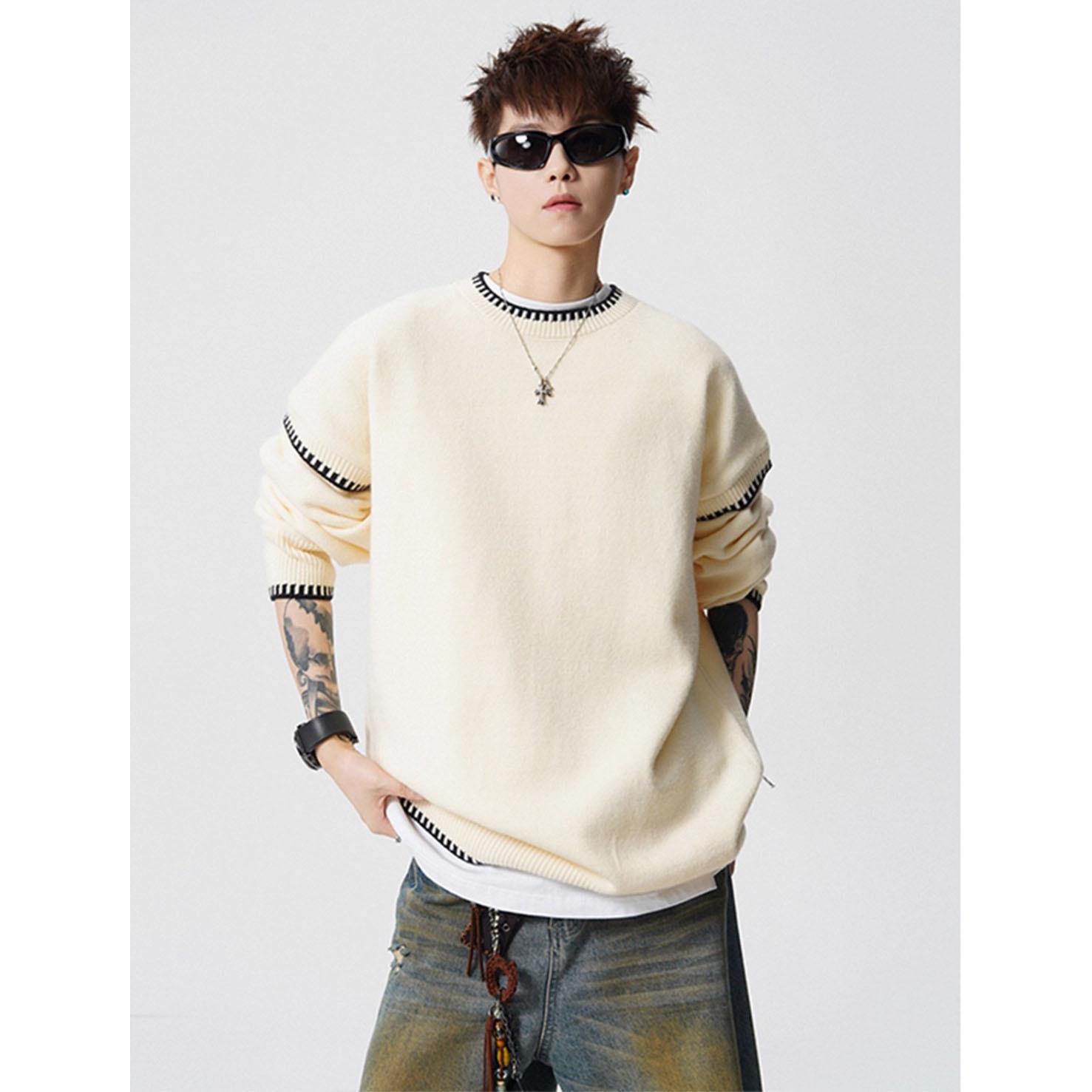 Men s Black Contrast Trim Round Neck Knit Sweater - Fake Two-Piece, High-End Autumn/Winter Wool Sweater. M