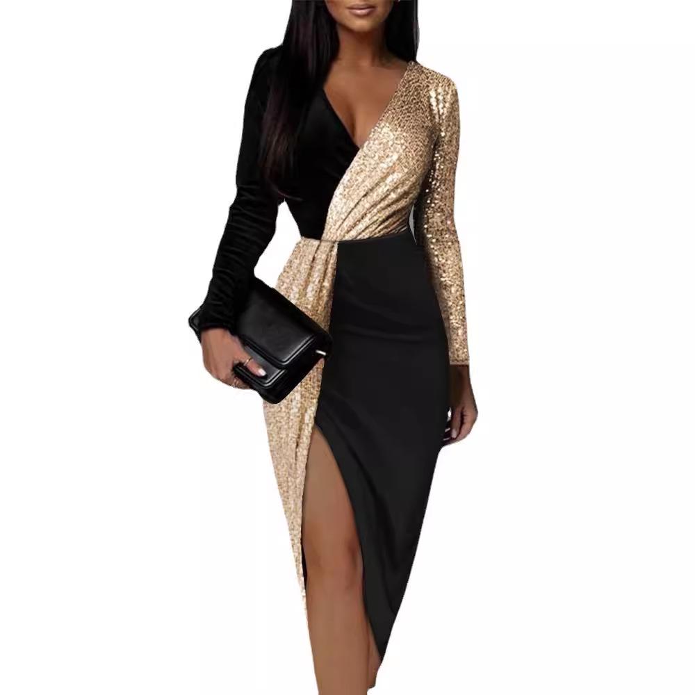 2025 Black and Gold Ethnic High-Waist Mid-Length Dress with Long Sleeves