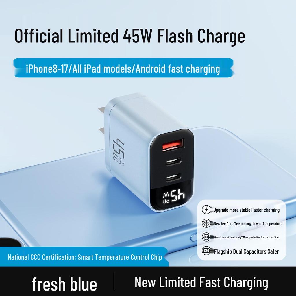 45W Gallium Nitride Fast Charger with Three Ports for iPhone 16 Pro Max