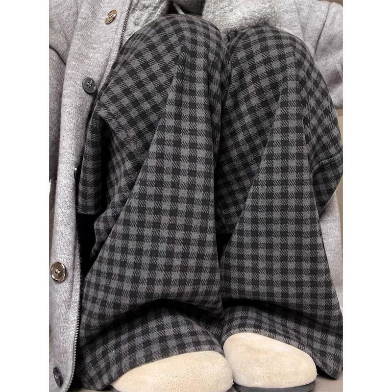 Women's High-Waisted Black and Gray Retro Plaid Wide-Leg Pants - Autumn/Winter 2024 Korean Style Slimming Casual Wear
