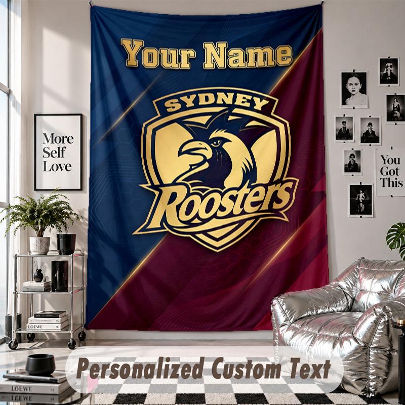 Arazzo da Appendere alla Parete con Nome e Testo Personalizzati, Arazzo Decorativo Sydney Roosters per Camera da Letto
