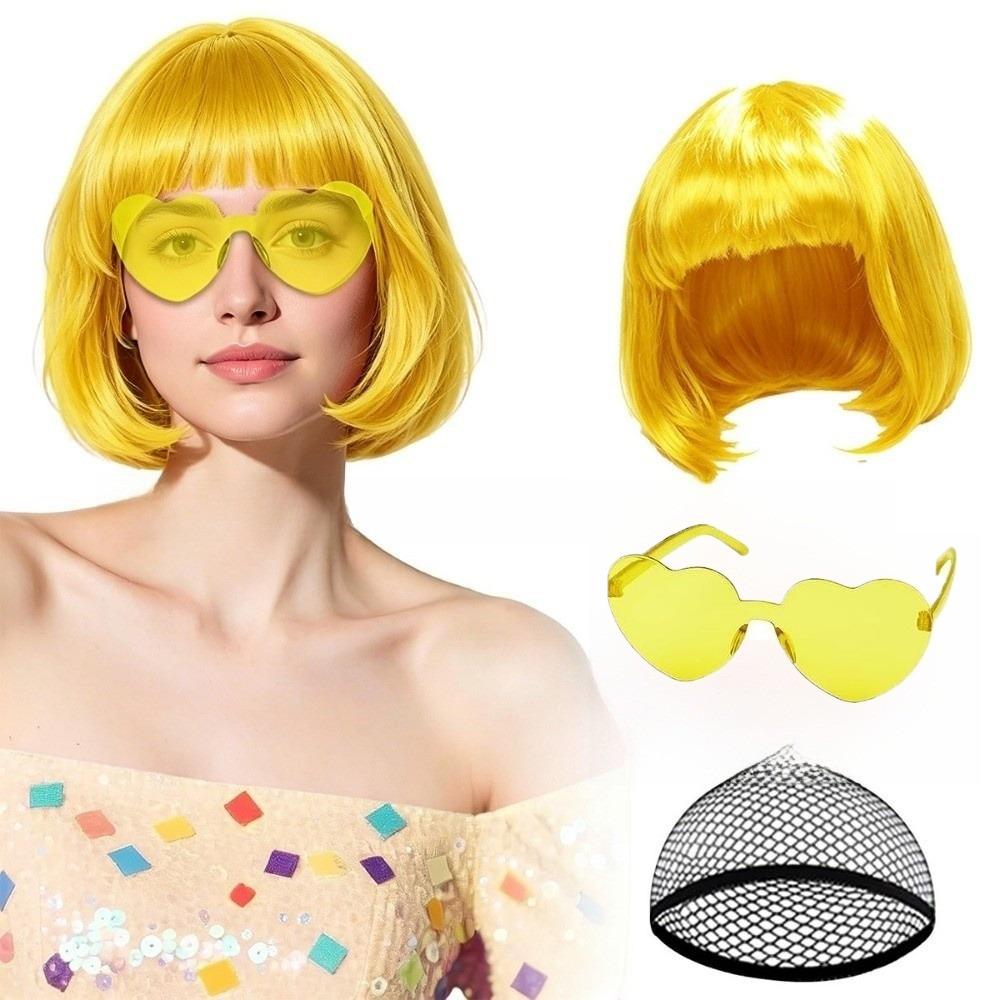 3Pcs Halloween Cosplay Wig Set Colorful Short Bangs Y2K Role-playing Short Hair Wig Halloween