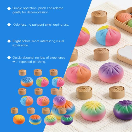 Colorful Steamed Bun Toy with Steamer Stress Relief Multicolor Dumpling Squeeze Sensory Toy Stress Ball Simulated Dough Ball Fidget Toy