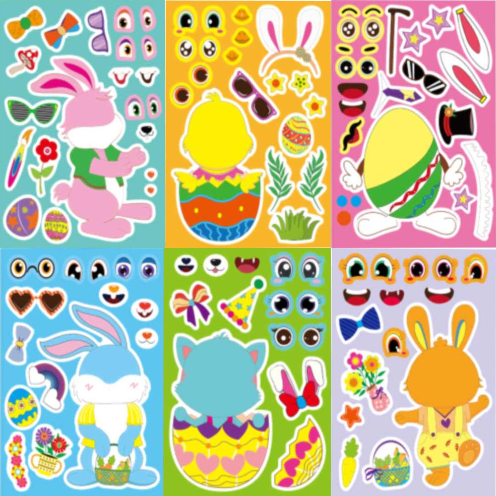 8/16sheets Easter Rabbit Egg Puzzle Stickers Cute Make a Face Animals Cartoon Decals Jigsaw Toys Educational Toys Gifts