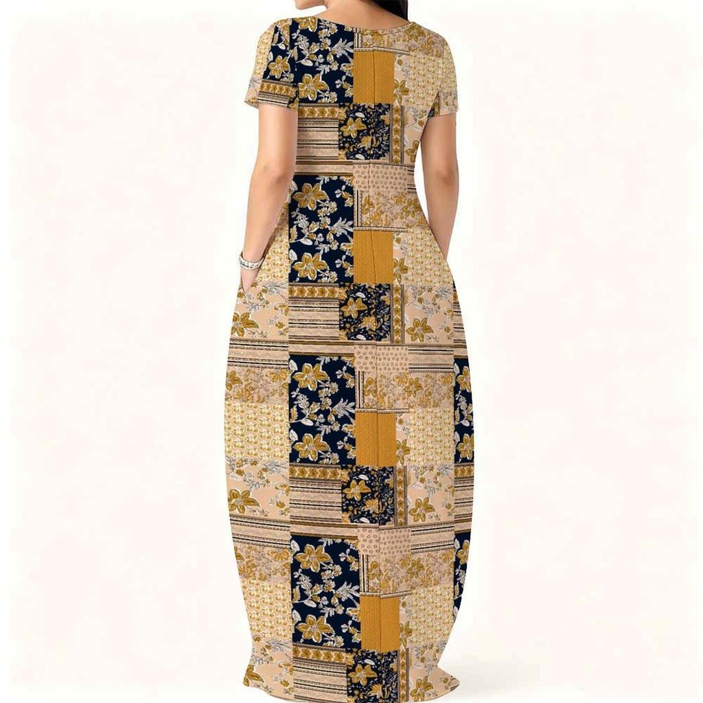 Women Loose Round Neck Short Sleeve Dress Plus Size Summer Light Casual Outfit