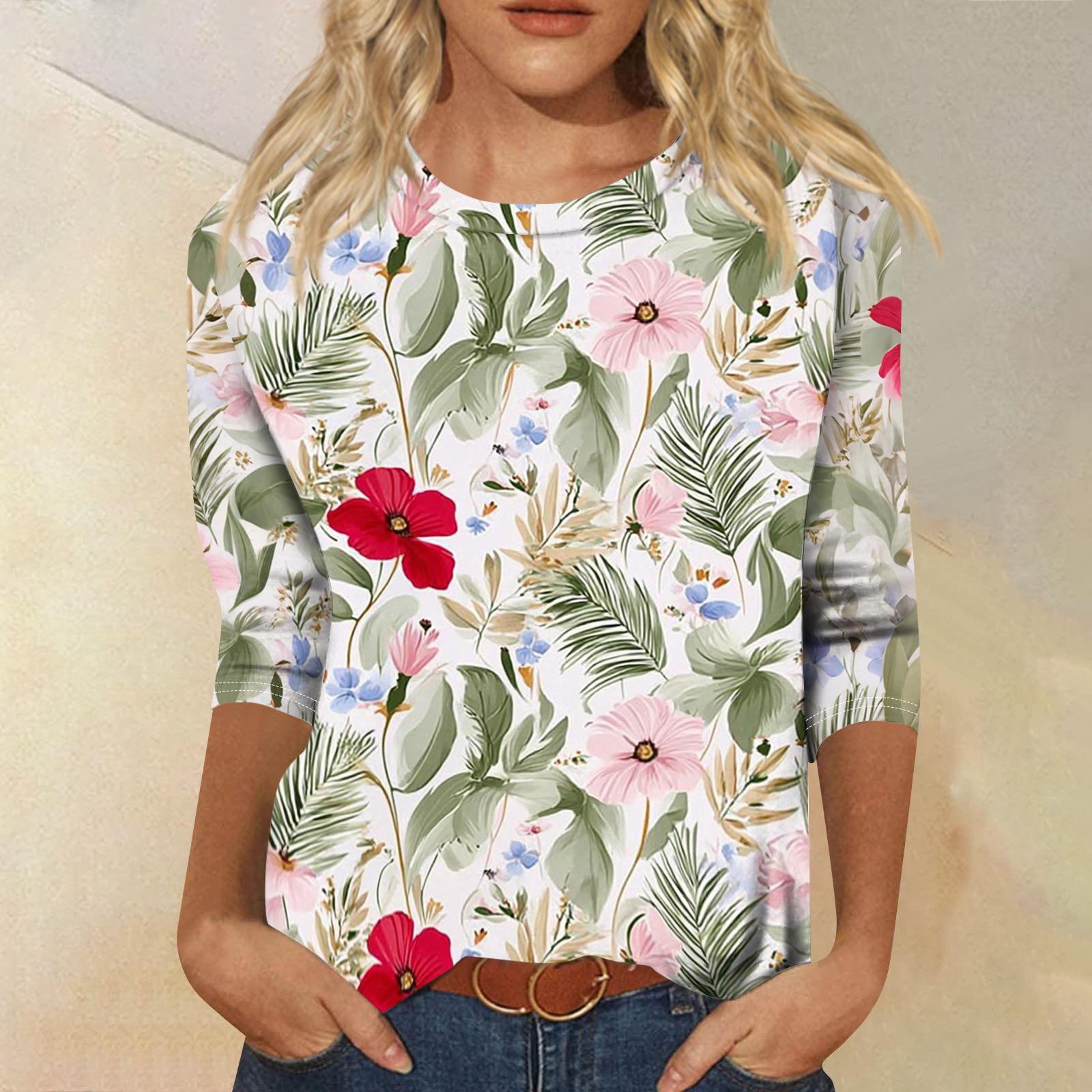 

Women s Fashionable Casual Round Neck Three-Quarter Sleeve Printed T-Shirt Top XL