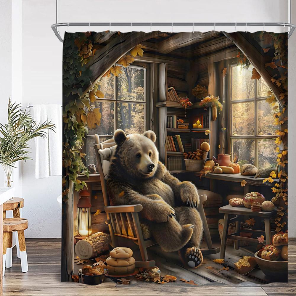 Funny Bear Vintage Shower Curtain Bathing Brown Bear Countryside Cabin Wild Animal Retro Bathroom Decor Polyester Bath Curtain