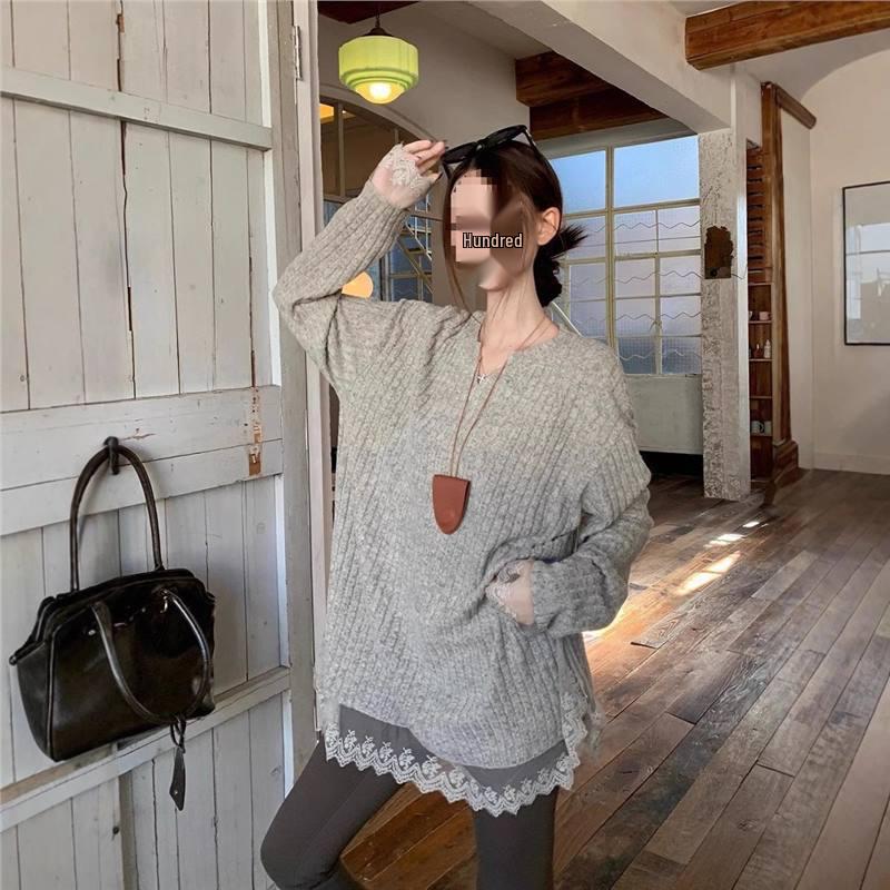 

Korean Style Lace Trim Knitwear: V-Neck Long Sleeve Casual Top for Autumn/Winter Women Medium хакі