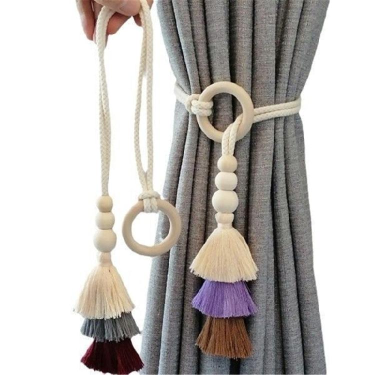 2 Pack Cotton Rope Curtain Holdbacks Ties Decorative Drapery Clip With Fringe and Wooden Beads for Living Room Decors