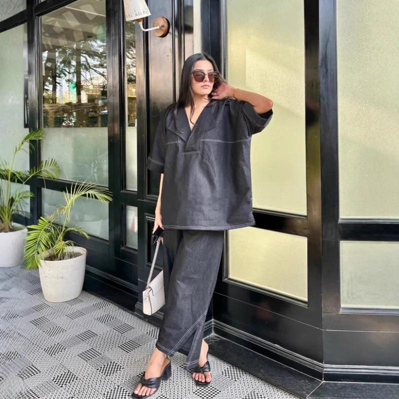 

Весенне-летний новый женский повседневный однотонный свободный джинсовый костюм-двойка 5XL чёрный/серый