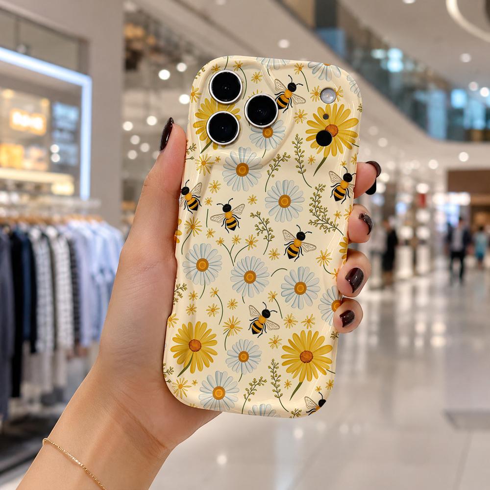 Daisy Bee Thin Branch Wildflower Wavy Edge Phone Case For iPhone 17 16 15 14 13 12 11 8 7 Plus Pro Max Floral Slim Cover
