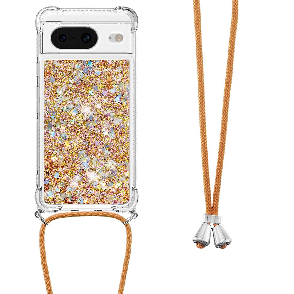 

For Google Pixel 8 TPU Case Quicksand Design Phone Cover with Lanyard Gold/Hearts