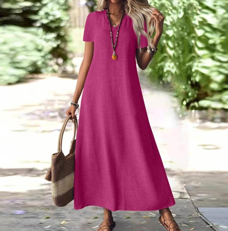 Abito Maxi da Donna con Scollo a V e Maniche Corte alla Caviglia in 12 Colori, Vestibilità Casual Ampia con Borsa a Tracolla