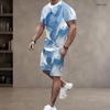 Men Plus Size Blue White Printed Round Neck Short Sleeve Top Drawstring Pocket Shorts Two Piece Set