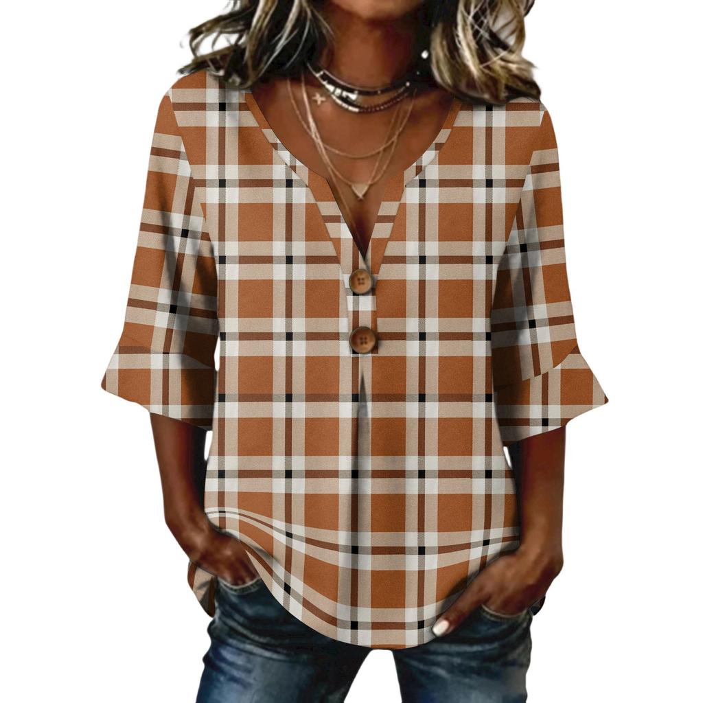 Ladies' plaid printed button casual V-neck fashionable seven quarter sleeve top
