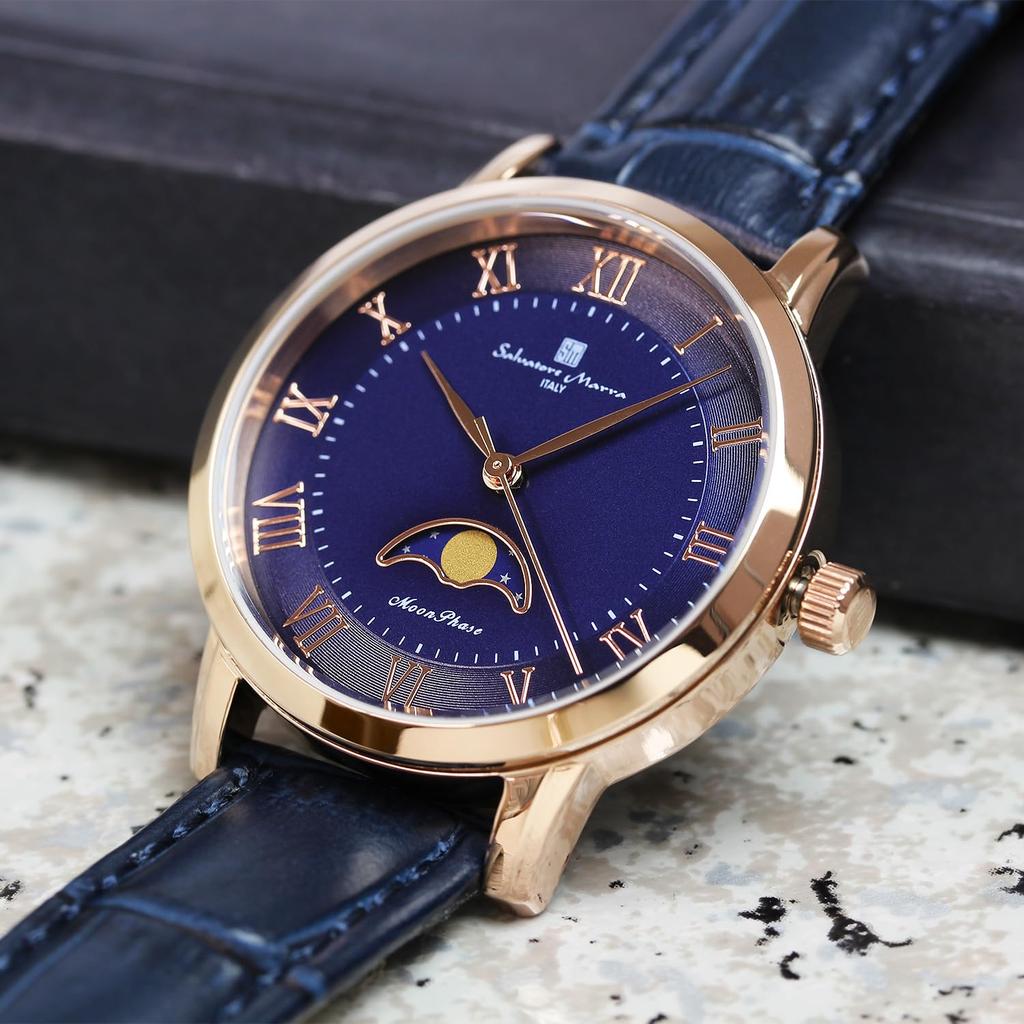 Salvatore Marra Women's Moon Phase Watch, Model SM26151, 34mm, Pink Gold & Blue Leather Strap, Limited Edition