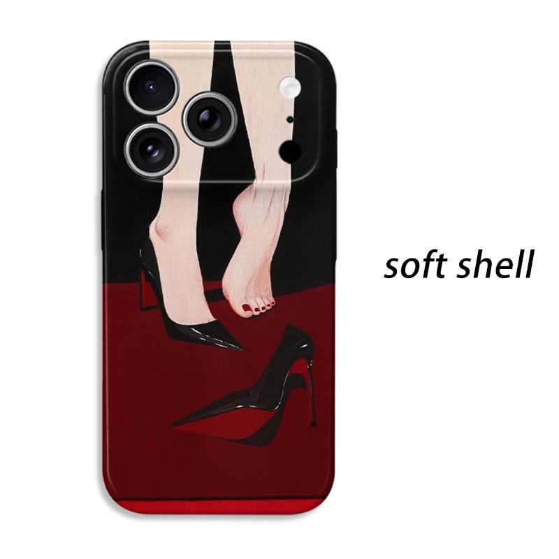 Elegant Minimal Black Red High Heels Stiletto Bare Foot Red Nail Art Film Aesthetic Protective Shockproof Bumper Case For iPhone 14 15 16 Pro Max Plus