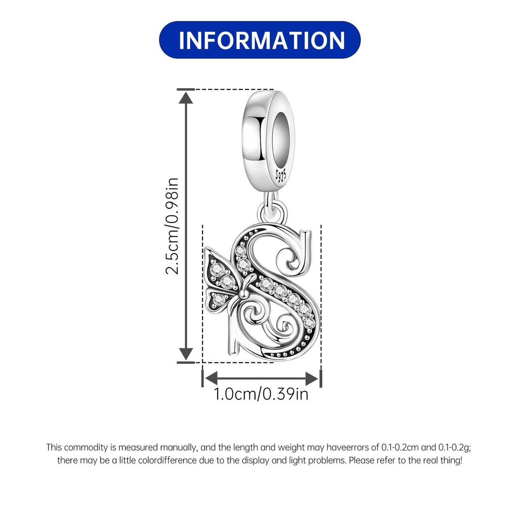S925 Silver Zircon Butterfly 26 Letter Bead Pendant For Woman DIY Bangle Bracelet Necklace Gift Jewelry S