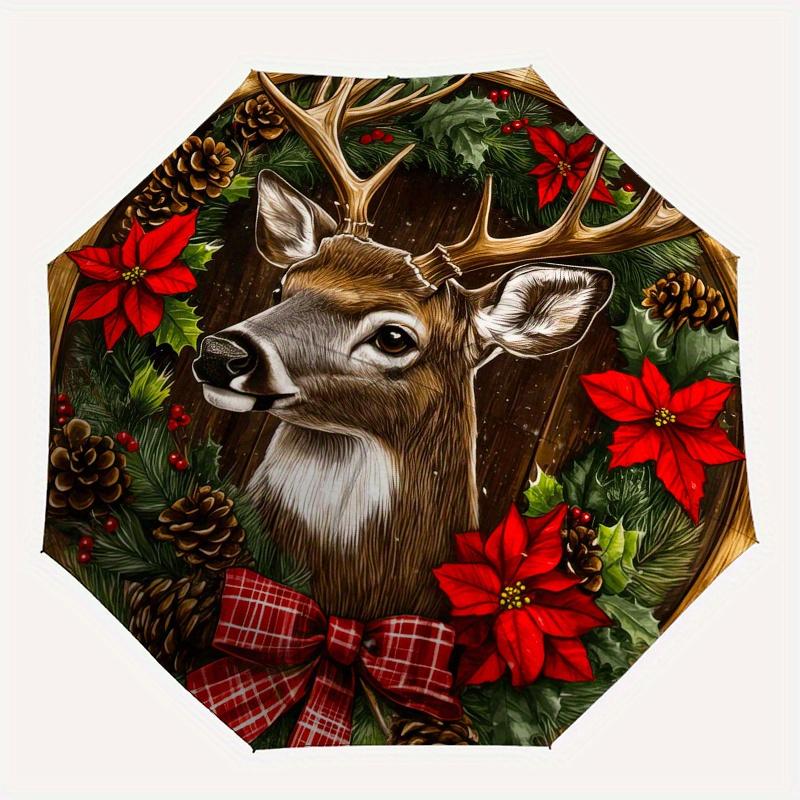 Christmas Deer Wreath Ornament Decoration with Poinsettia and Pine Cones Umbrella, Cute Umbrella with Cute Design, Portable 3-Fold Compact Umbrella fo