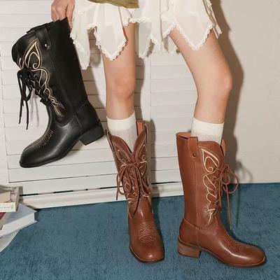 2025 Retro Style Embroidery Sewing Round Toe High Heels Women Boots Solid Color Lace Up Sexy Western Casual Elegant Cowboy Shoes