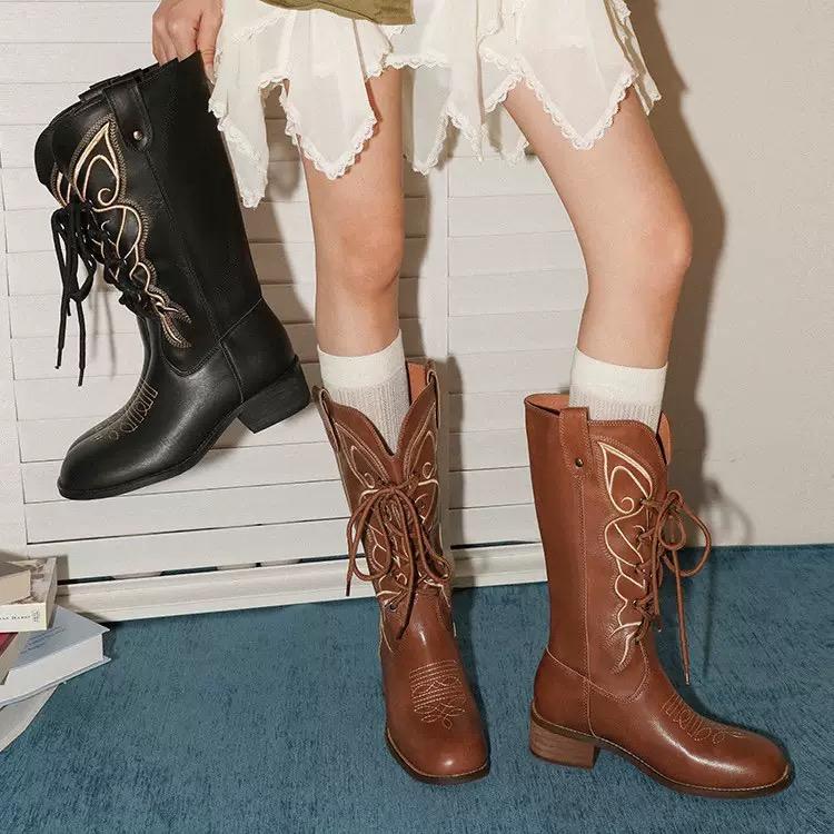2025 Retro Style Embroidery Sewing Round Toe High Heels Women Boots Solid Color Lace Up Sexy Western Casual Elegant Cowboy Shoes