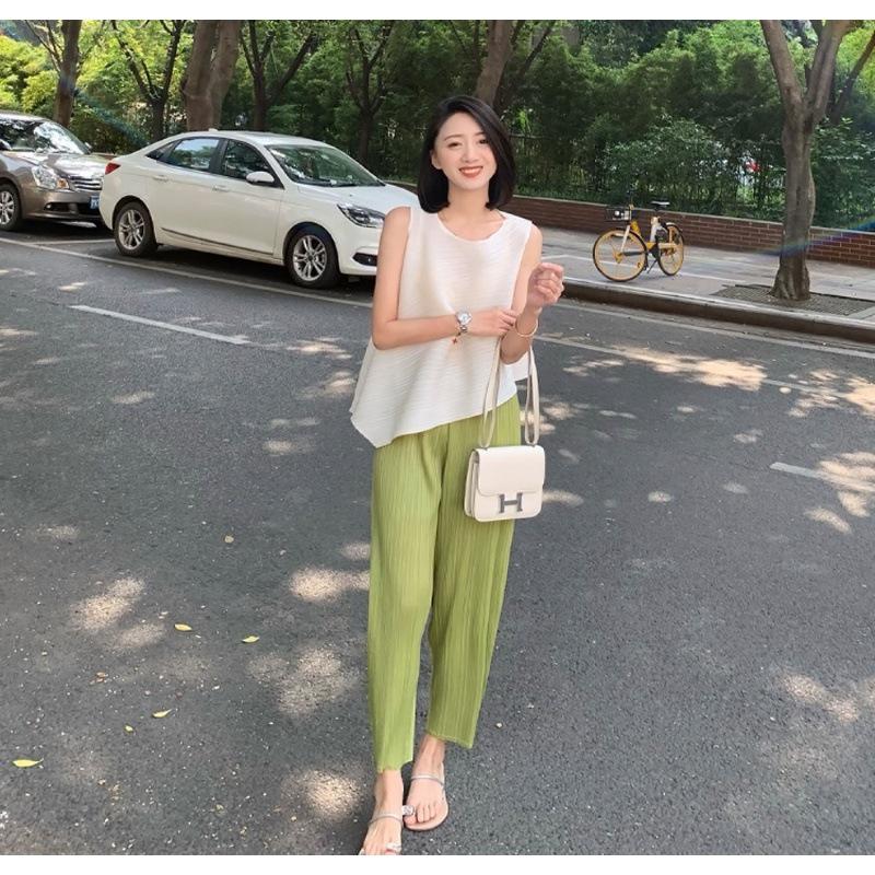 Miyake Women's Irregular Pleated Tops - Short Sleeves, Round Neck, Loose Fit, Slim and Long Niche, Perfect for Summer.