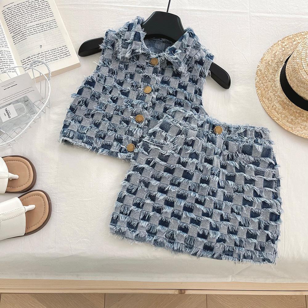 Completo Estivo in Denim per Bambina Nuovo Set Due Pezzi Gilet in Denim a Quadri + Gonna per Neonate