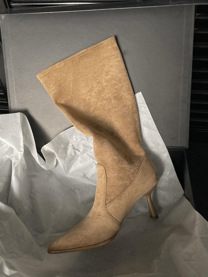 2025 new boots women's medium boots autumn pointed toe thin heel high heel women's boots suede big boots pile boots tide