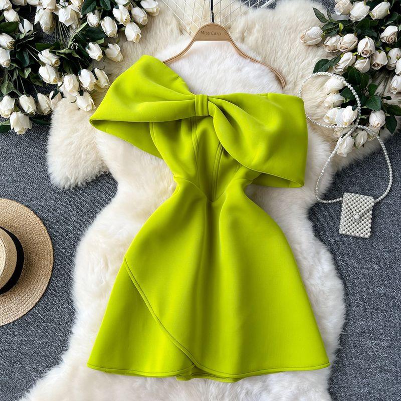 

Fashion Summer Dress for Ladies Elegant Dress Women Sexy Tube Top off-the-Shoulder Bow Waist-Tight Slimming A- line Skirt Dress Green S