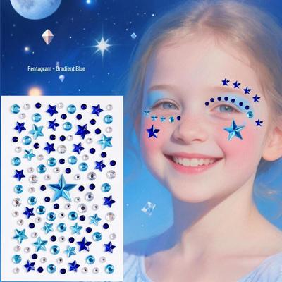 Adesivos de Estrela com Strass Azul para Maquiagem de Show - Autoadesivos, Design de Pedra Preciosa de Cinco Pontas para Meninas.