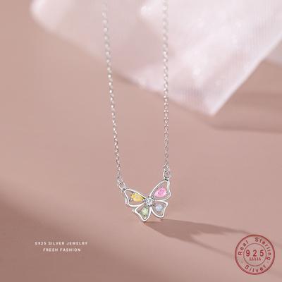 925 Sterling Silver Korean Sweet Colored Zircon Butterfly Pendant Necklace for Women Wedding Party Jewelry