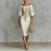 Women's Off Shoulder Puff Half Sleeve Floral Embroidery Ruched Side Split Slim Midi Bodycon Dress Elegant Wedding Guest Party Dress