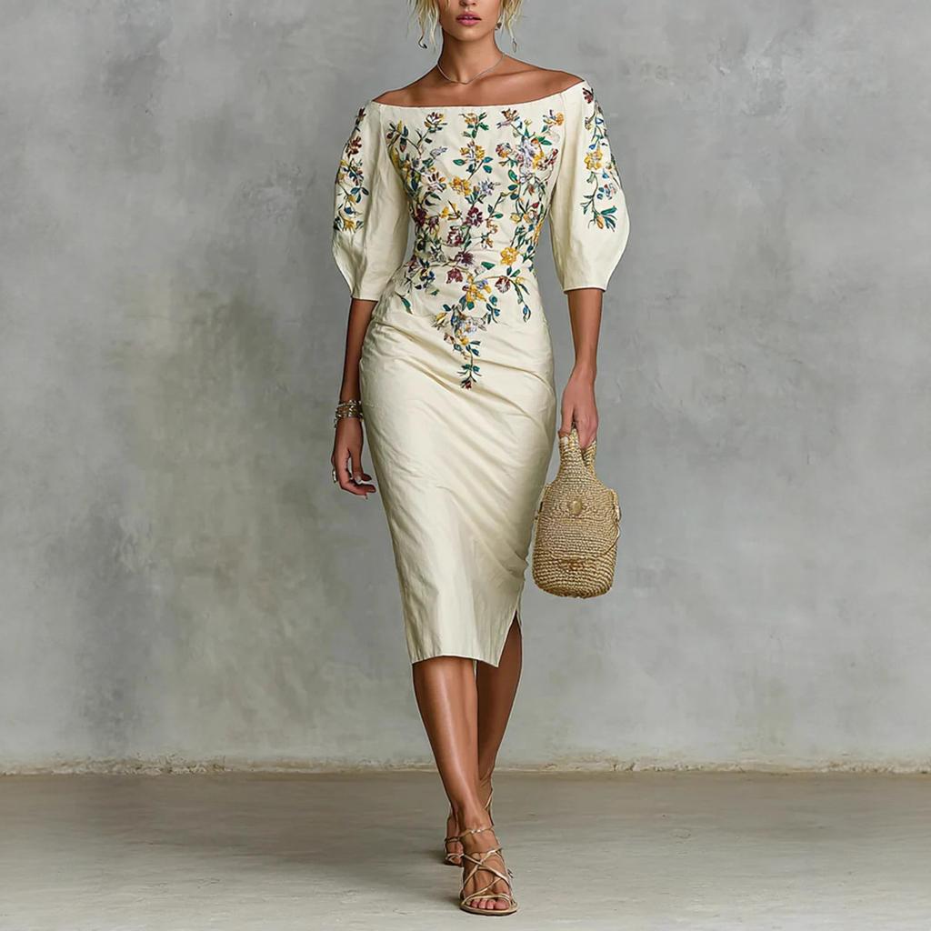 Women's Off Shoulder Puff Half Sleeve Floral Embroidery Ruched Side Split Slim Midi Bodycon Dress Elegant Wedding Guest Party Dress