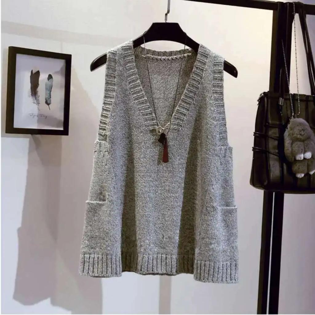 Women's Spring Autumn with Pockets and V-neck Plus Size Set Knitted A-line Sweater Loose Sleeveless T-shirt