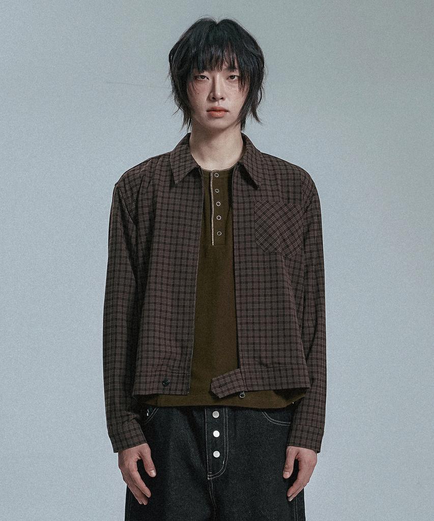 MOO Crop Check Shirt Jacket - Brown