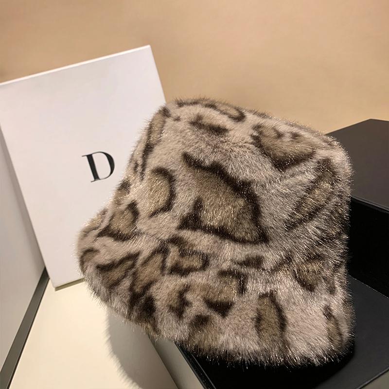 Leopard Print Fisherman Hat For Women, Autumn And Winter Plush Thick Warm Basin Hat, Fashionable Ear Protection Bucket Hat