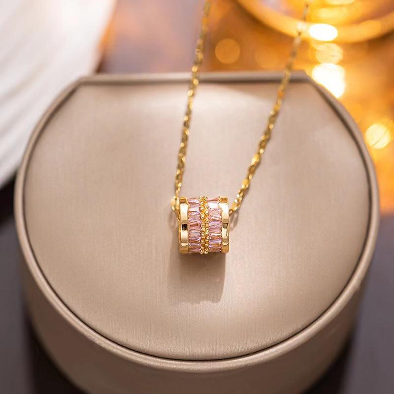 

Exquisite Hollow Cylinder Crystal Pendant Necklace for Women New Charm Gold Color Stainless Steel Zircon Korea Jewelry Accessory