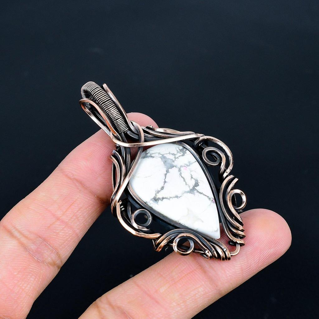 Howlite Pendant, 999 Copper Wire Wrapped Gemstone Jewelry, Handmade Pendant, For Thanksgiving