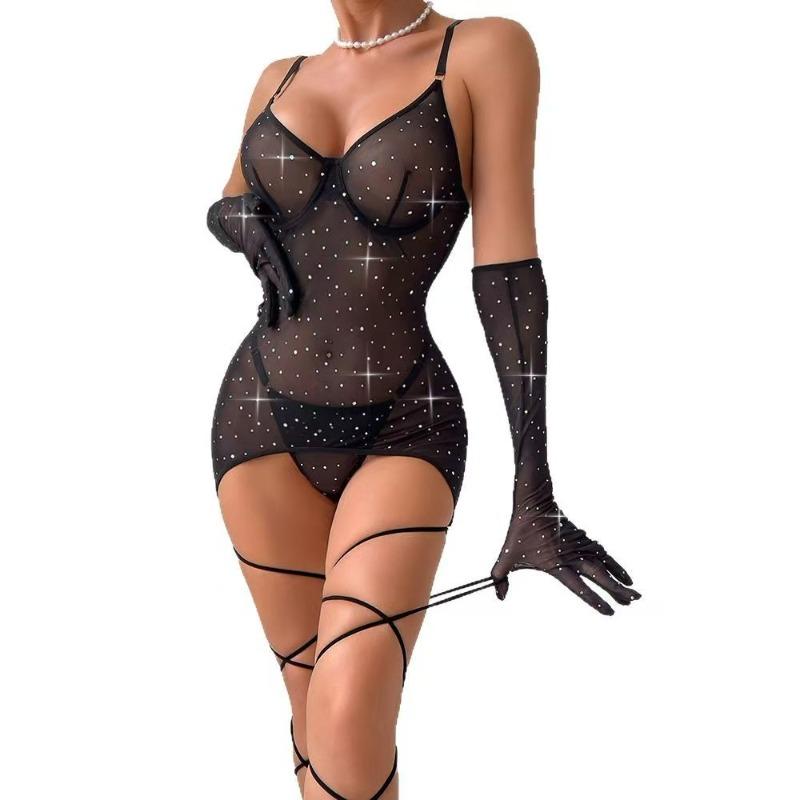 Sex underwear large size flash mesh sexy perspective one-piece hollow strap gloves set