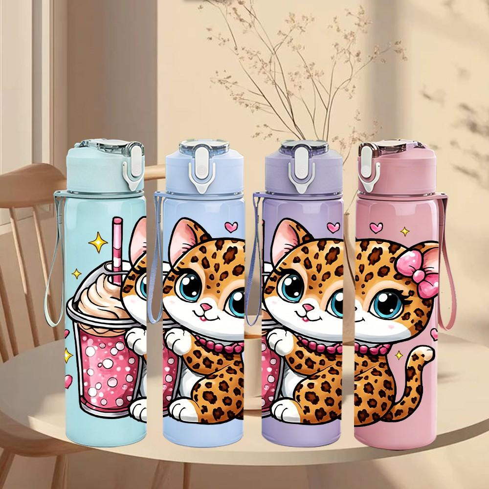1PC Kitty Cat Drinking Milkshake Print 750ml Color Plastic Sports Water Bottle Leakproof Flip Straw Lid Suitable for Sports Office Home Use