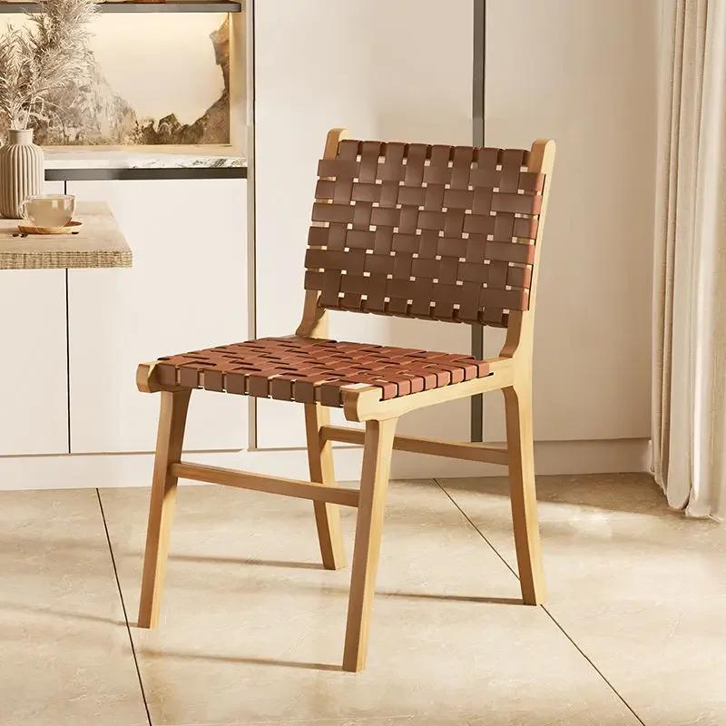 Nordic Wooden Rattan Lightweight Luxury Balcony Chair Rope-Woven Lazy Recliner Stylish Saddle Backrest Seat