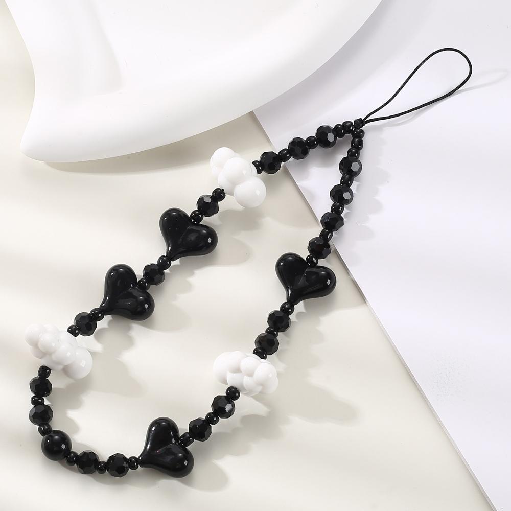 Black Beaded Mobile Phone Charm Ins Stringed Pearls Love Phone Lanyard Short Carrying Strap Drop-Resistant Phone Ornaments