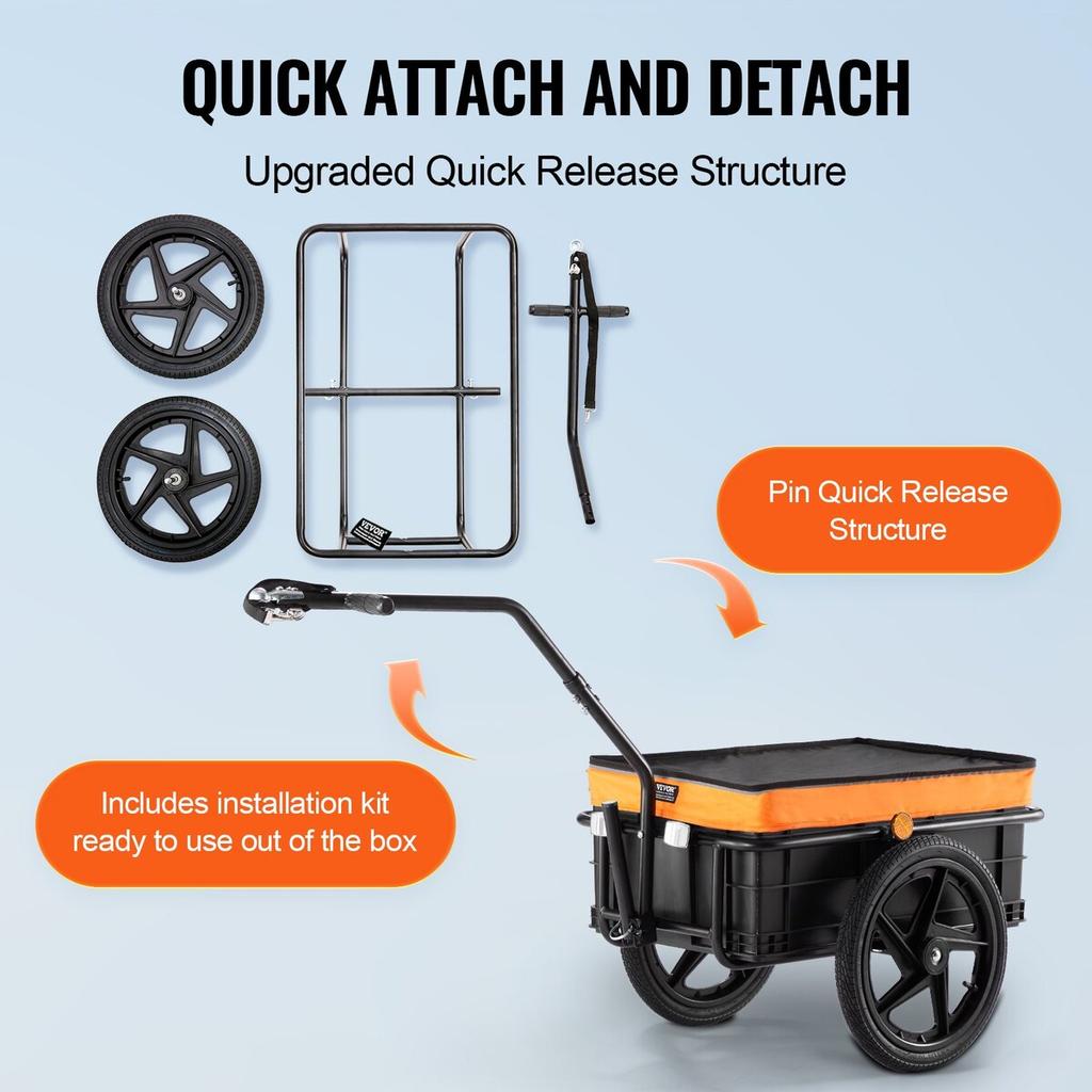 Bike Cargo Trailer, 88 Lbs Load Capacity, Heavy-Duty Bicycle Wagon Cart, Foldable Compact Storage with Universal Hitch, Waterproof Cover, 16" Wheels,