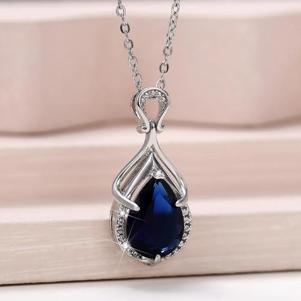 

2026 Luxury Temperament Blue Pear Cubic Zirconia Pendant Necklace Women Wedding Anniversary Party Elegant Accessories Zircon