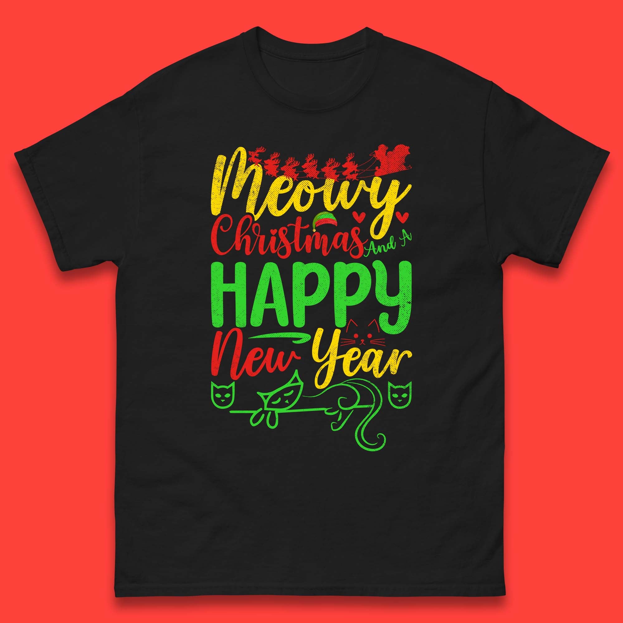 Meowy Christmas And A Happy New Year Mens T Shirt Womens Tops Tees Christmas Cat Top L