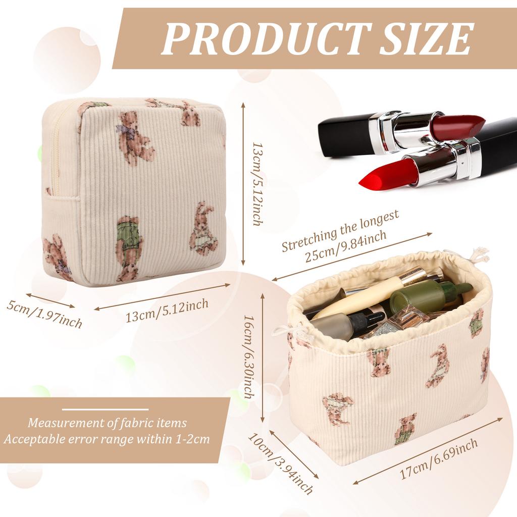 2 Pcs Cute Aesthetic Makeup Bag Set Soft Corduroy Cosmetic Bag Set with Canvas Lining Portable Travel Toiletry Bag Set for Women