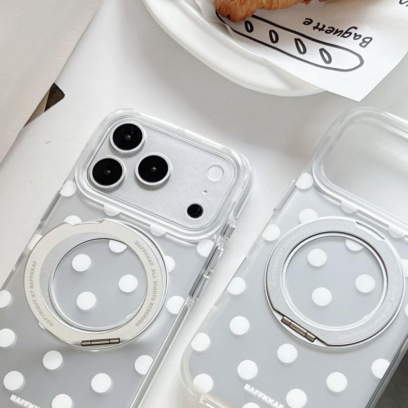 Transparent Matte Phone Case With White Polka Dots IPhone 17 16 Pro Max 15 Series 360 Rotating Stand Soft TPU Shockproof Cover