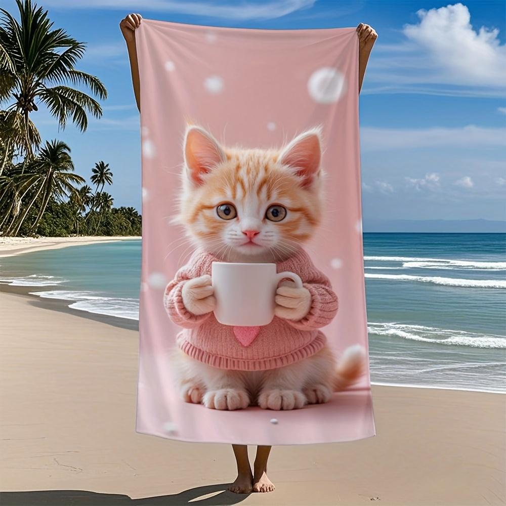 

Cartoon Kitten Geometric Microfiber Bath Towel Soft Absorbent Quick Dry Travel Pool Sauna Bathroom Essential W30*H60(CM)