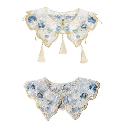 Women Girls Chinese Style Embroidered Flower Organza False Collar Pearl Tassels Yunjian Small Shawl Scarf for Dresses